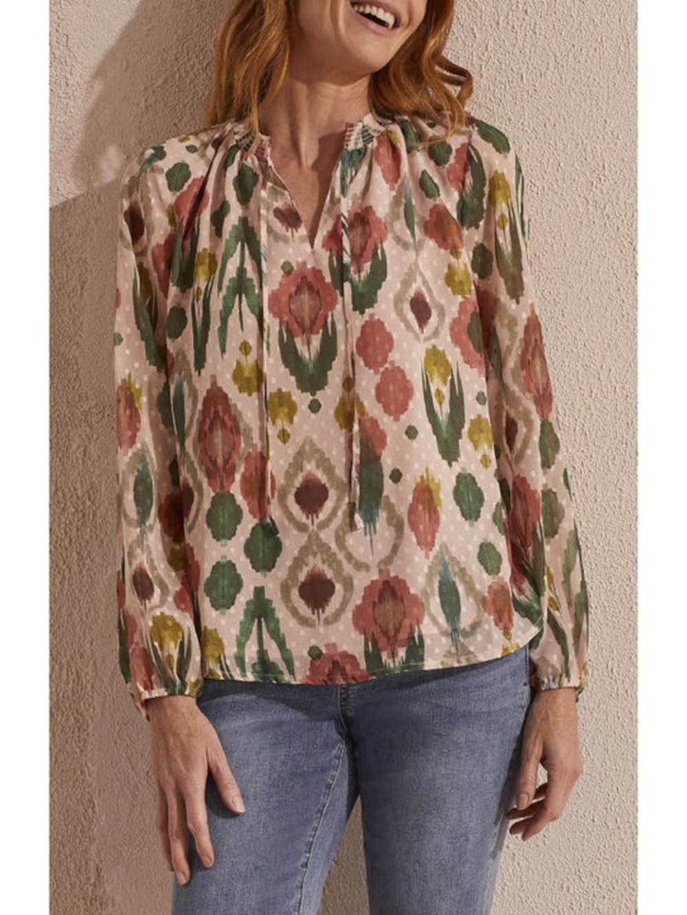 Tribal Size Small Ikat-Print Puff Long-Sleeve Blouse
